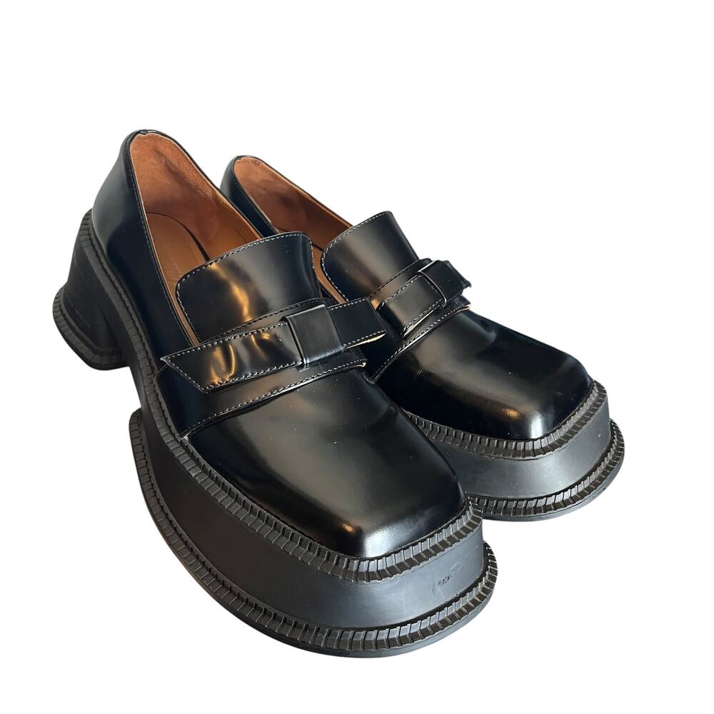 ShuShu/Tong Black Platform Bow Loafers Chunky Sole Preppy Futuristic Size 39